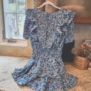 NWOT Loveshack Fancy Blue & White Floral.Ruffle Mini Dress